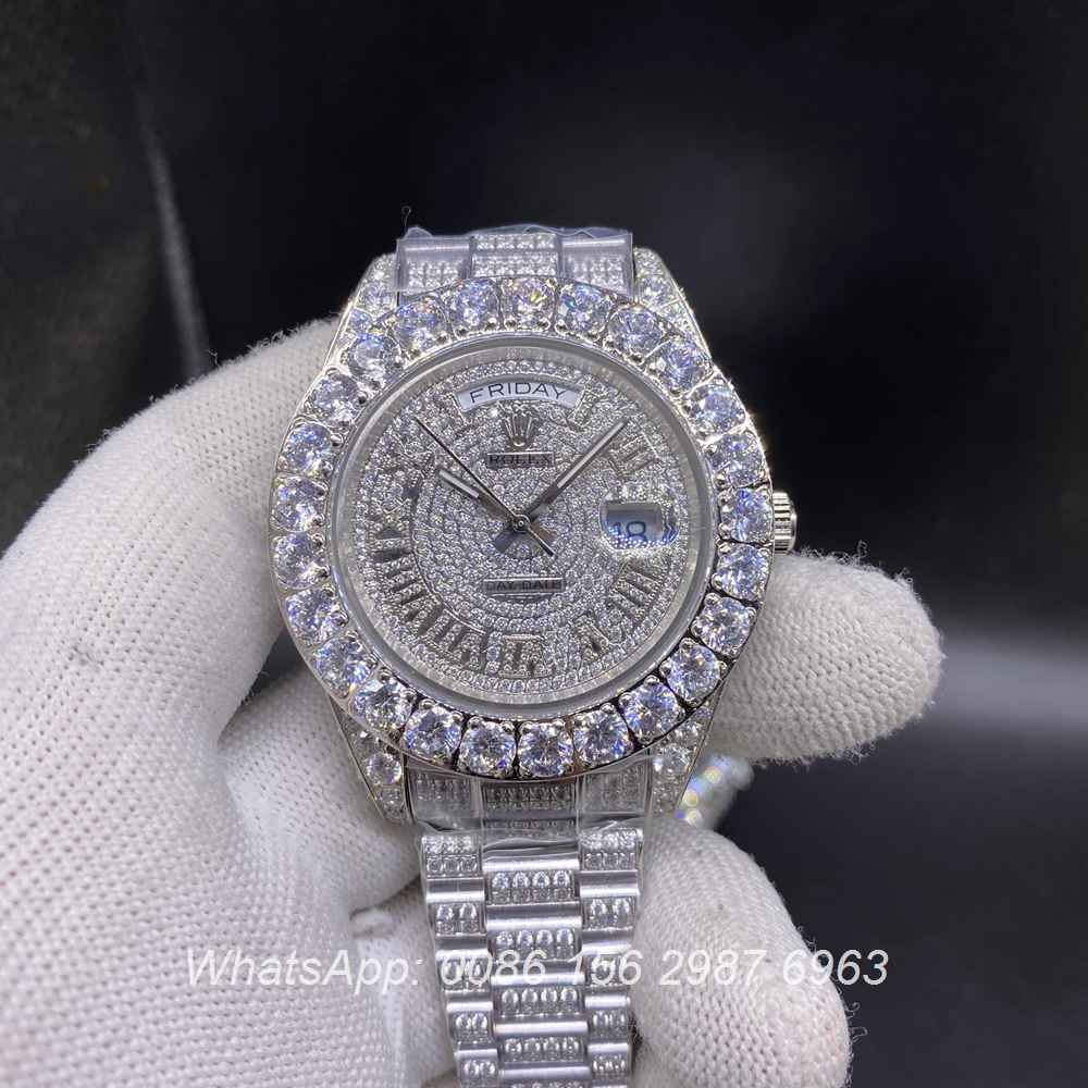 R130SF290, DayDate iced silver case 43mm with diamonds face prongset bezel AAA automatic