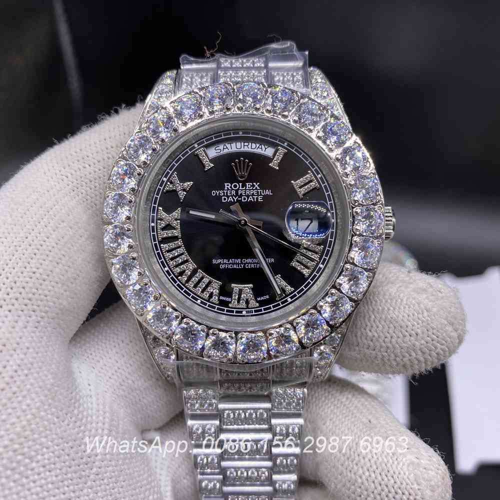 R110SF291, DayDate iced silver case with black dial diamonds prongset bezel AAA men's watch