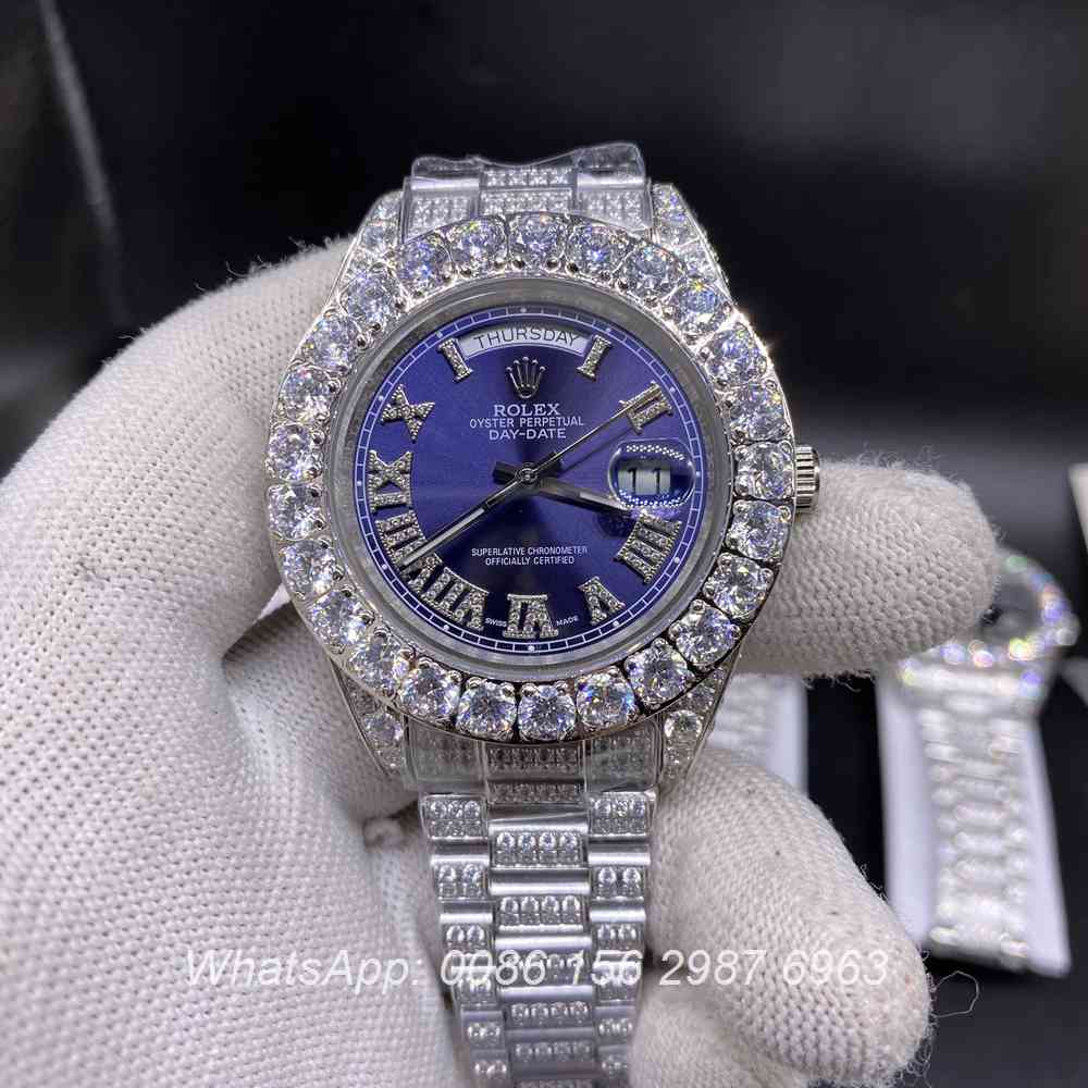 R110SF292, DayDate iced silver case with blue dial prongset bezel automatic AAA