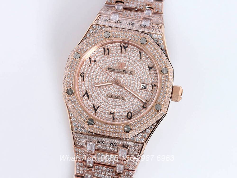 AP160SF296, AP iced out rose gold case 42mm Arabic numbers diamonds face