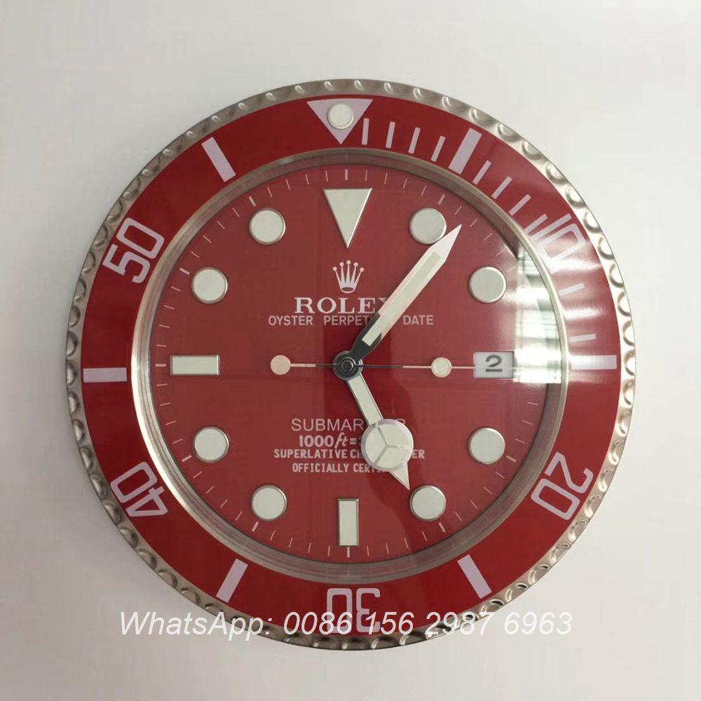 CLOCK001, Rolex SUB wall clock silver case with red face battery movement