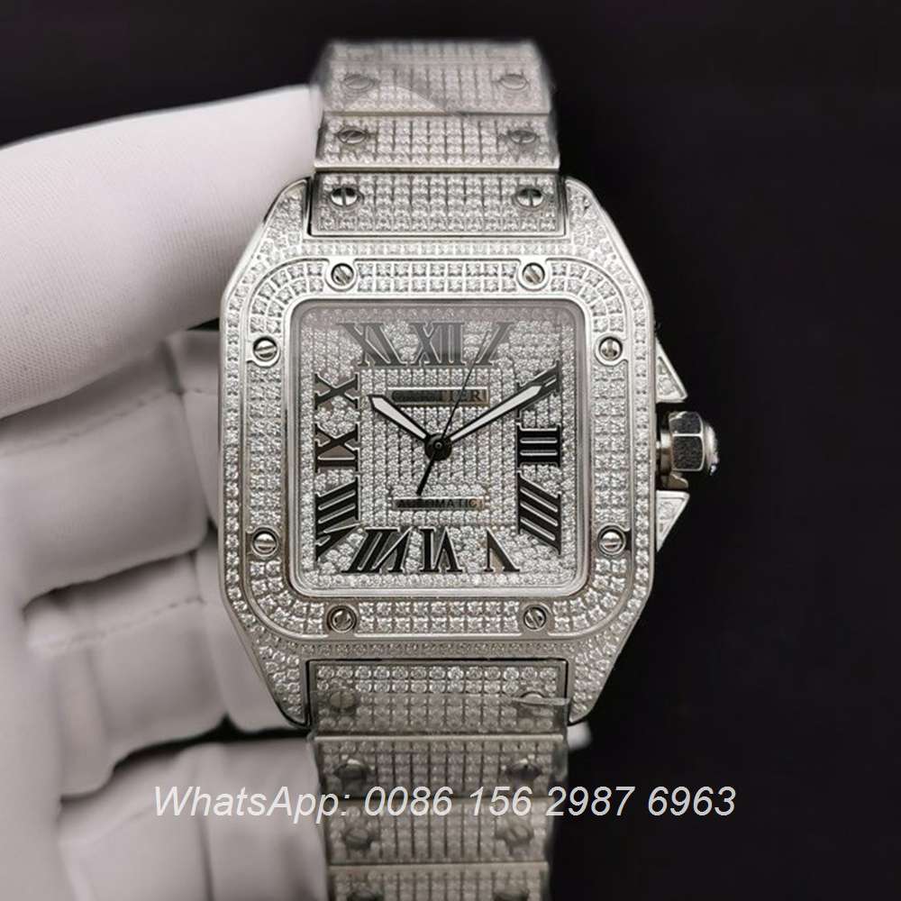 C285SF283, Cartier santos iced silver bling diamonds face 40mm automatic 2824 movement luxury watch