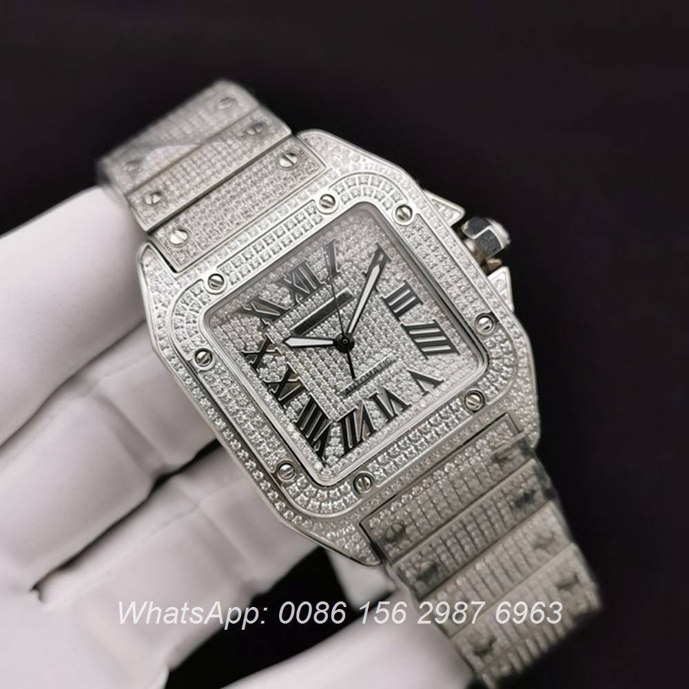C285SF283, Cartier santos iced silver bling diamonds face 40mm automatic 2824 movement luxury watch