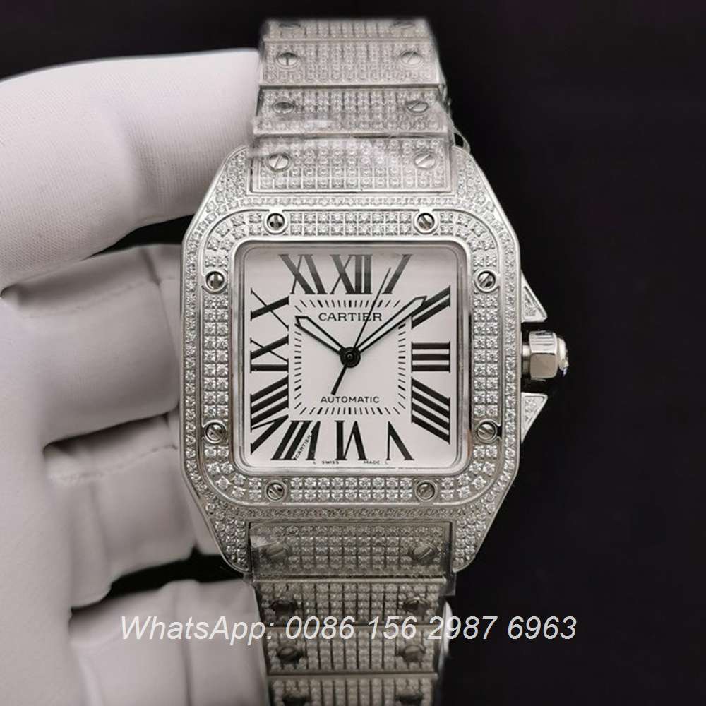C285SF284, Cartier Santos diamonds case 40mm ETA 2824 automatic white dial steel watch