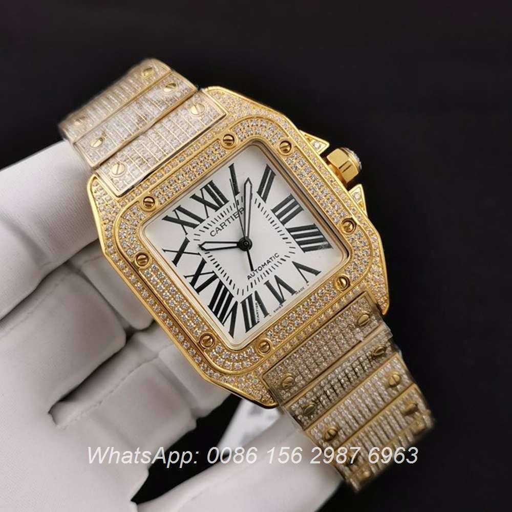 C285SF287, Cartier santos iced yellow gold case with white dial ETA 2824 luxury men's watch