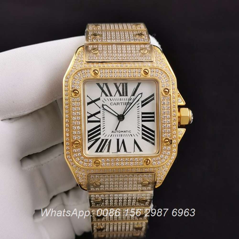 C285SF287, Cartier santos iced yellow gold case with white dial ETA 2824 luxury men's watch