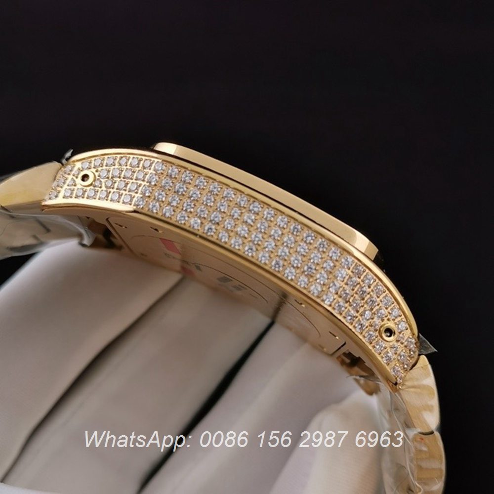 C285SF287, Cartier santos iced yellow gold case with white dial ETA 2824 luxury men's watch