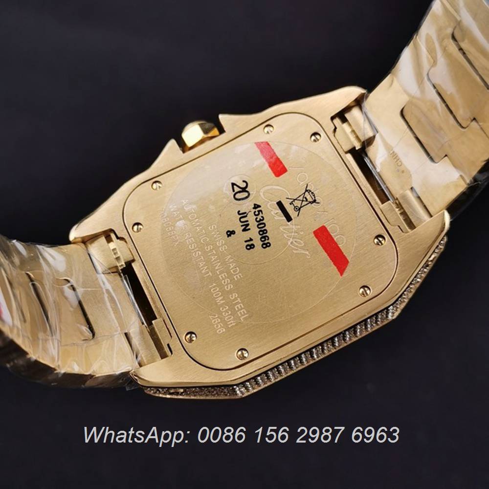 C285SF287, Cartier santos iced yellow gold case with white dial ETA 2824 luxury men's watch