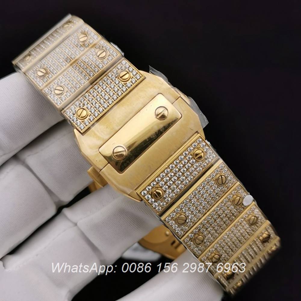 C285SF287, Cartier santos iced yellow gold case with white dial ETA 2824 luxury men's watch