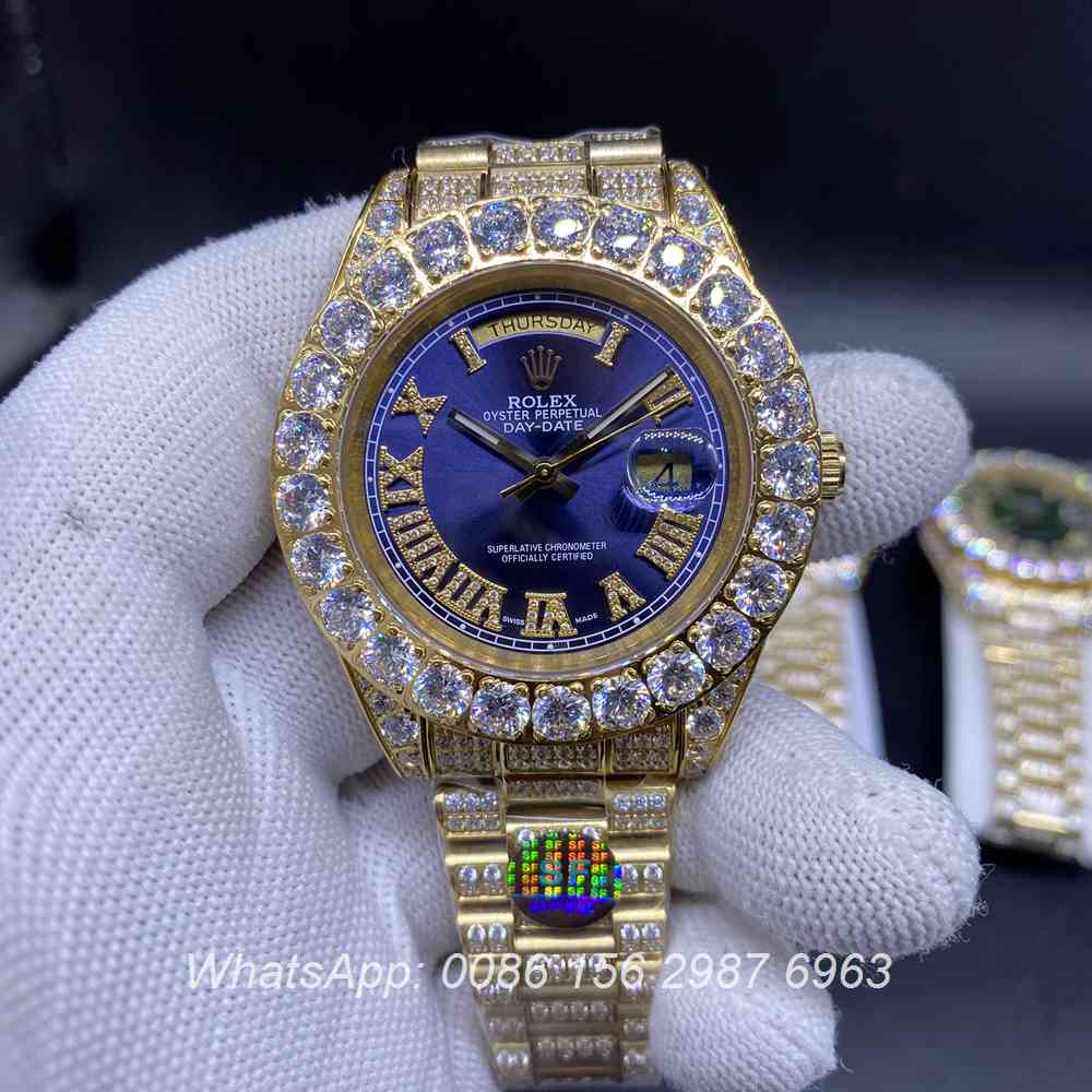 R110SF316, DayDate gold case shiny diamonds prongset bezel 43mm weight 150g