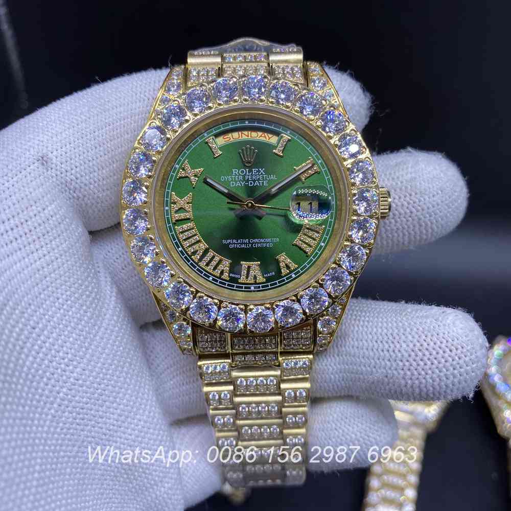 R110SF316, DayDate gold case shiny diamonds prongset bezel 43mm weight 150g