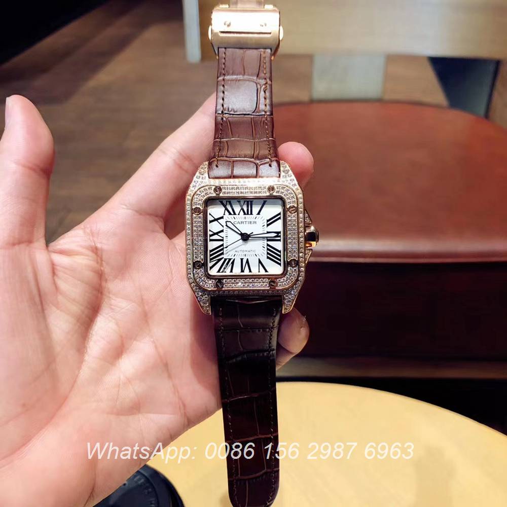 C090XD324, Cartier santos iced out rose gold shiny diamonds men watch automatic