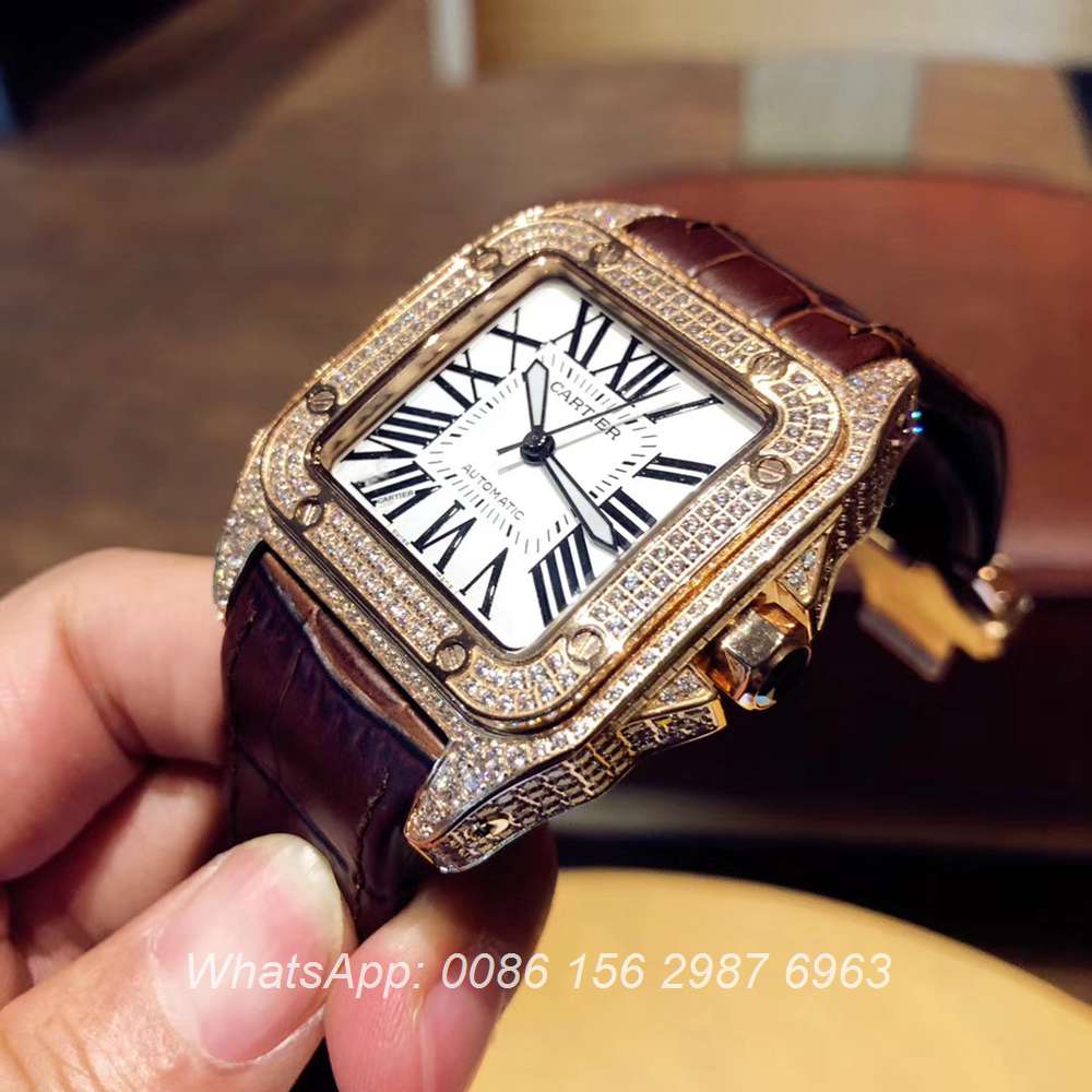 C090XD324, Cartier santos iced out rose gold shiny diamonds men watch ...