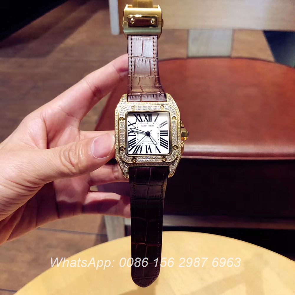 C090XD325, Cartier iced out santos yellow gold shiny diamonds automatic luxury men's watch