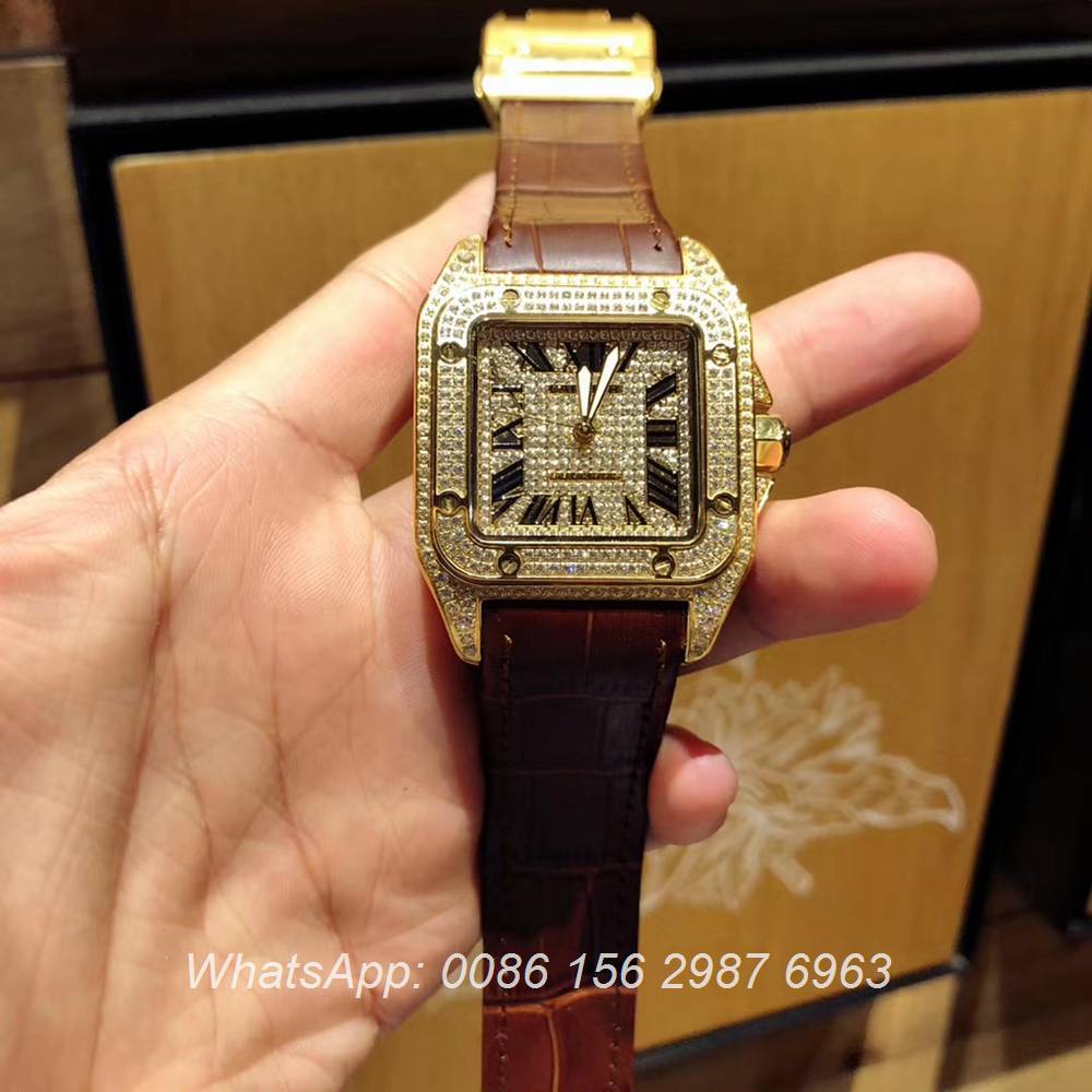 C105XD326, Cartier Santos diamonds face gold case men's watch automatic luxury AAA+