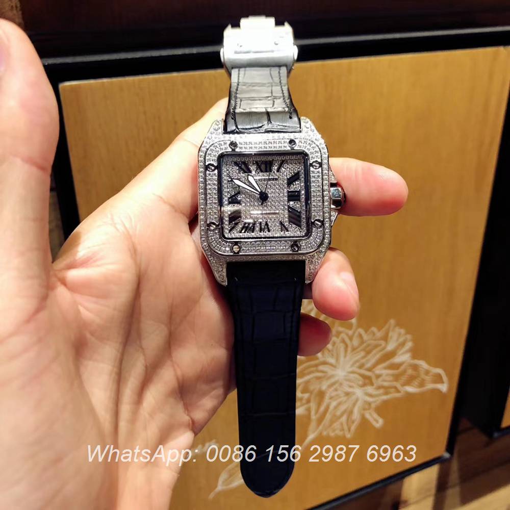 C105XD327, Cartier silver case with diamonds face Santos men's watch AAA+