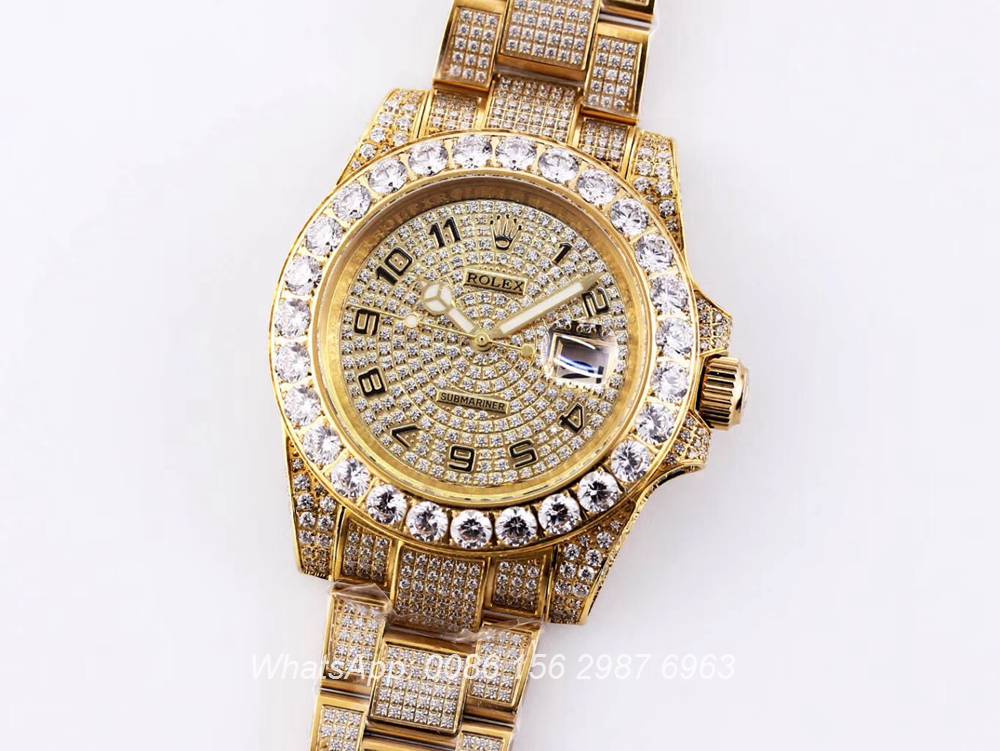 R120SF312, SUB iced out gold shiny diamonds automatic 40mm 2813 AAA