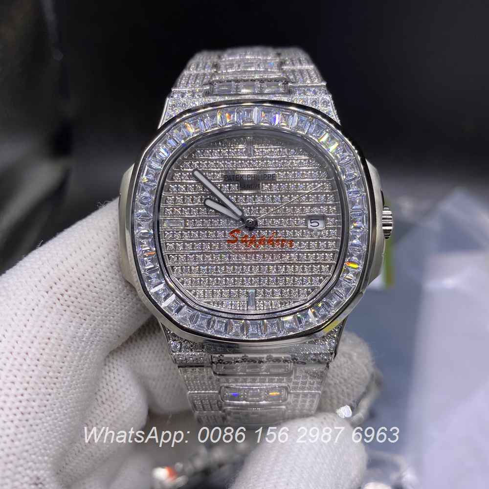 P180YC330, Patek baguette diamonds silver case 40mm automatic AAA