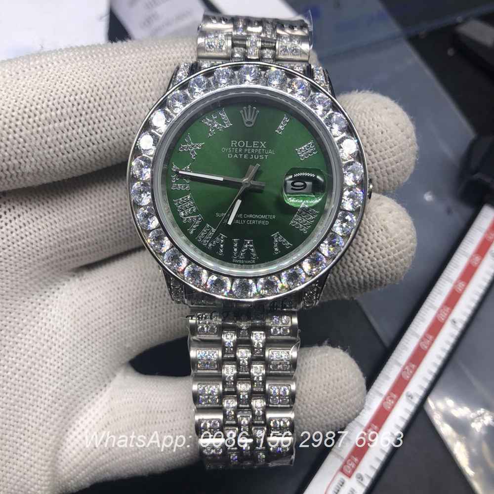 R102MH329, Datejust diamonds silver case with green dial 40mm automatic shiny watch
