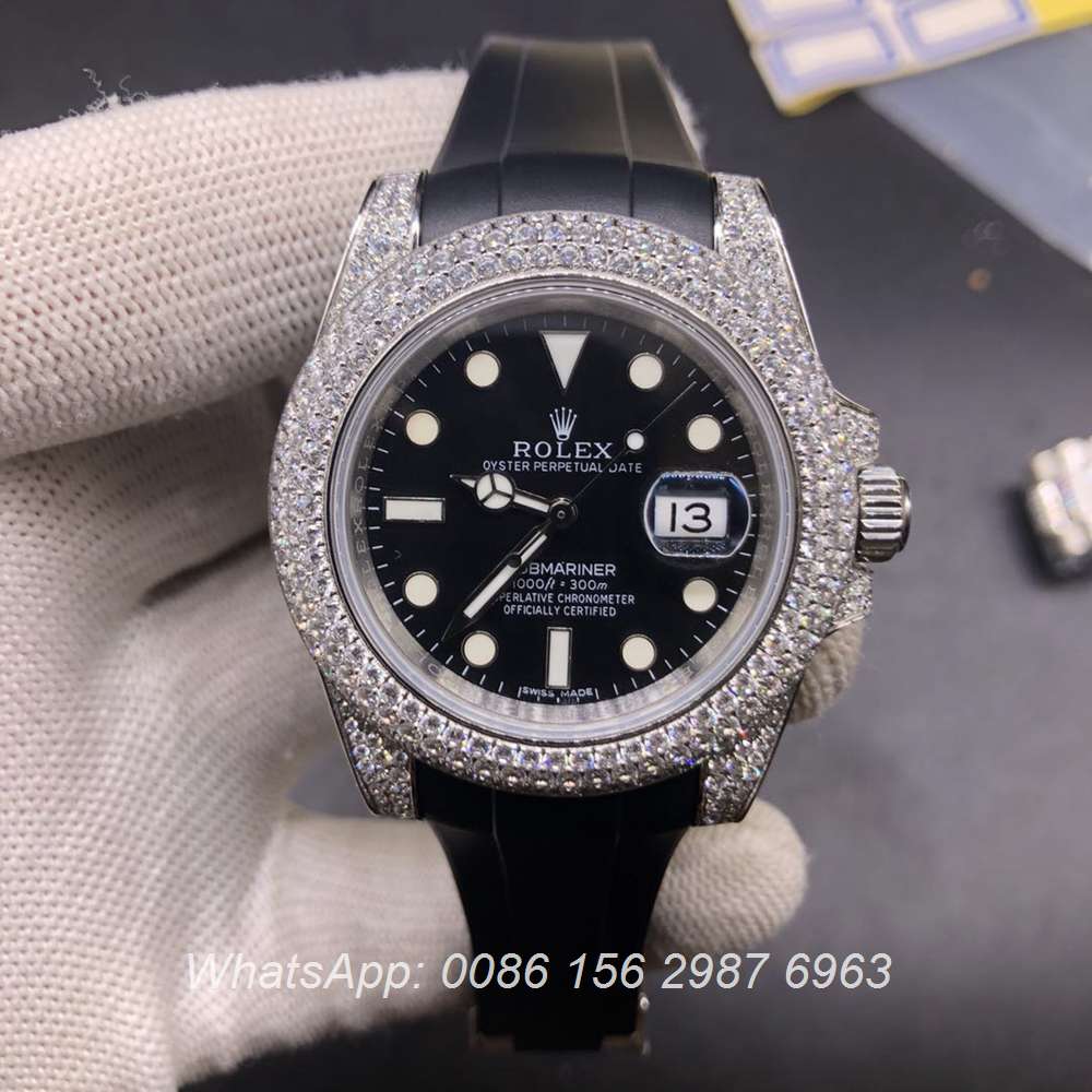 R178WS328, SUB iced out silver case 40mm with rubber strap automatic high grade