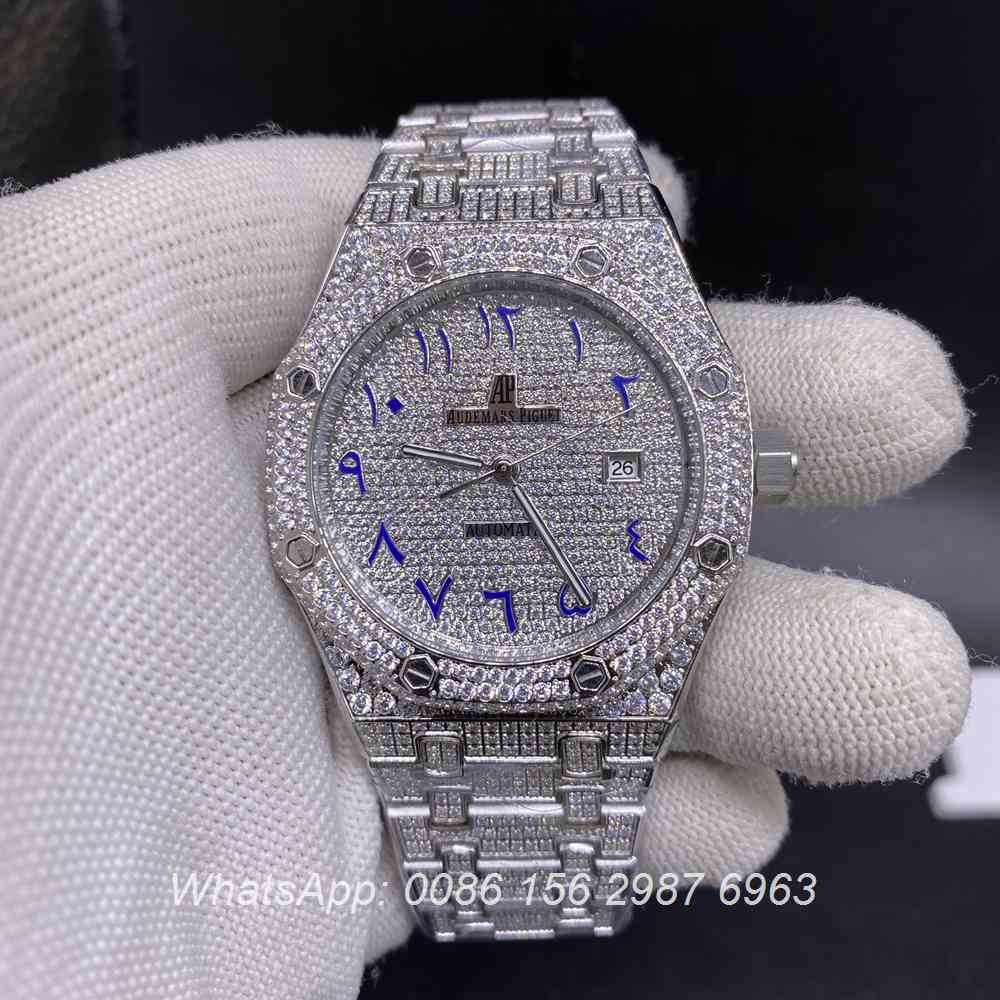 AP180BL337, AP bling diamonds silver case with blue Arabic numbers automatic AAA