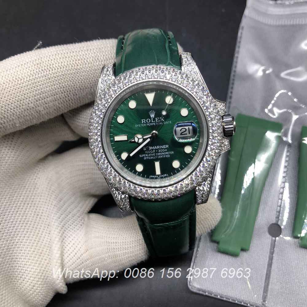 R185SF339, SUB diamonds silver case with green face green leather strap high quality