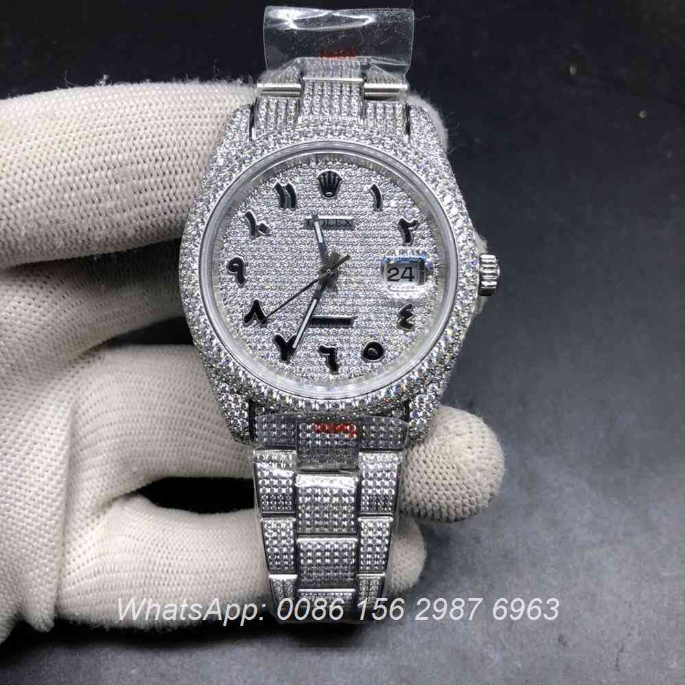 R270XD335, Datejust iced out silver Arabic numbers high grade diamonds watch