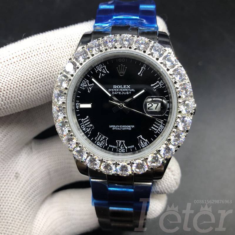 Datejust black dial Roman numbers prongset diamonds bezel 43mm S030