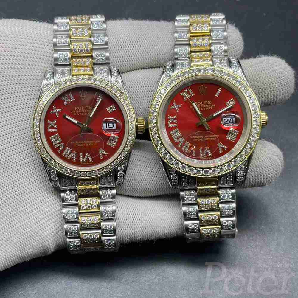 Datejust two tone gold case 36mm and 40mm red face zircon stones MH102