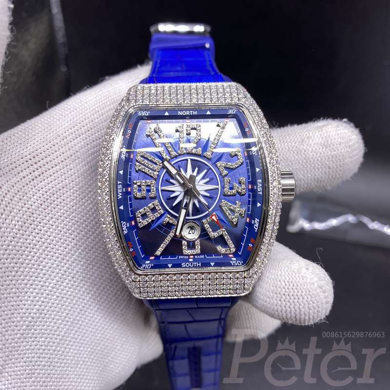 FM AAA diamonds silver case blue dial stones numbers WS080