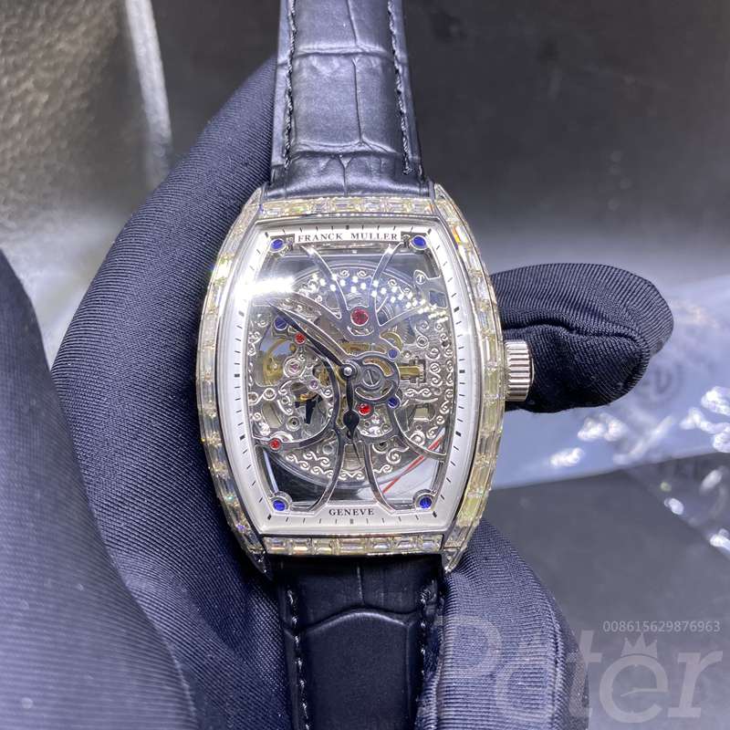 FM baguette diamonds silver case skeleton dial black leather strap XD070