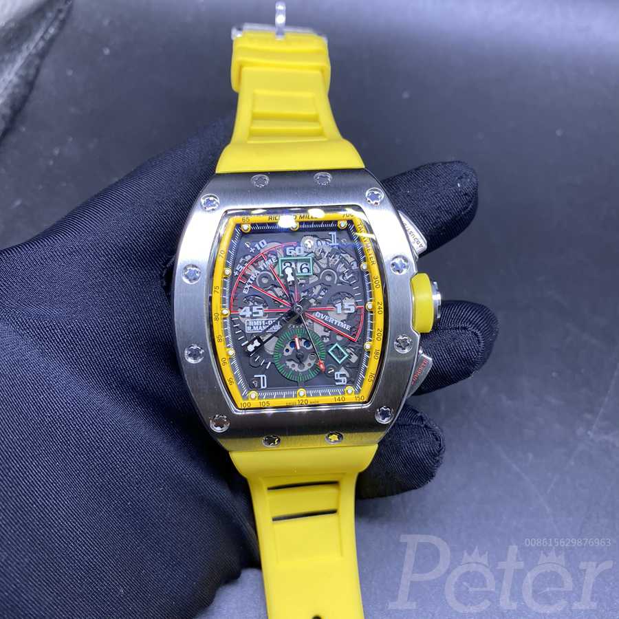 RM11-01 AAA automatic silver case 43mm men size with yellow rubber strap XD048