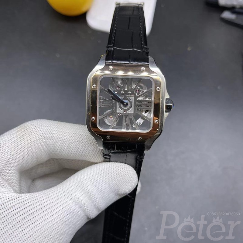 Cartier skeleton rose gold two tone case 38mm with black leather strap WS140