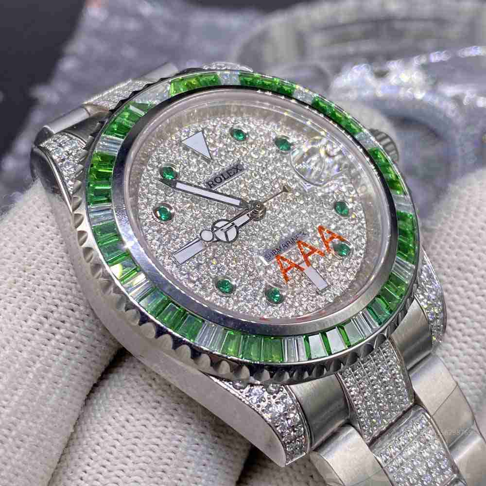 SUB diamonds face silver case green baguette stones bezel MH080