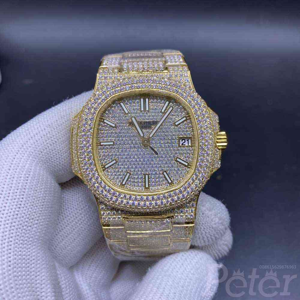 Patek iced out yellow gold swarovski diamonds bustdown stones watch WT285