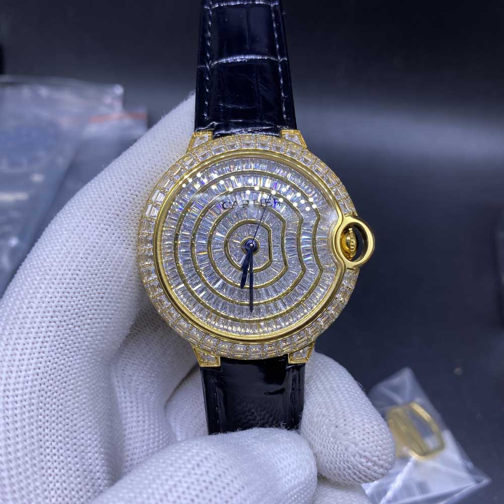 Cartier Swiss diamonds yellow gold case 42mm automatic men shiny watch black leather XD195