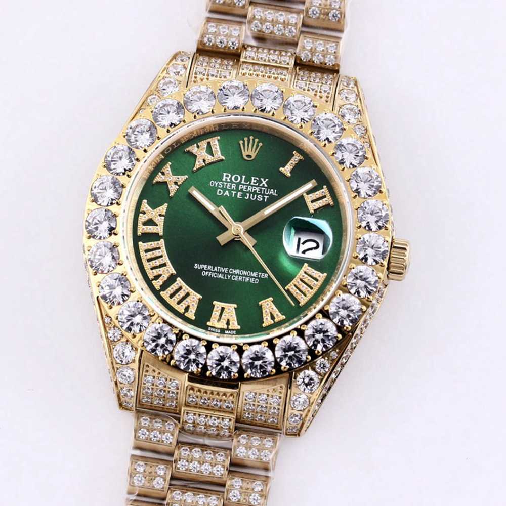 Datejust iced out gold case prongset bezel green dial 43mm M090