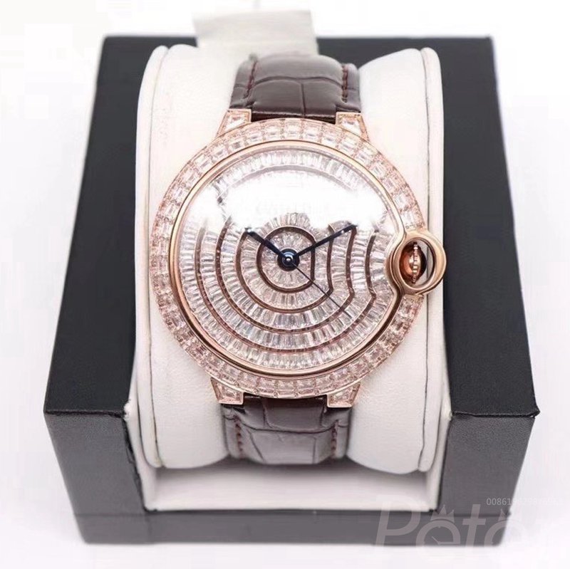 Cartier baguette diamonds rose gold 42mm brown leather strap WT175