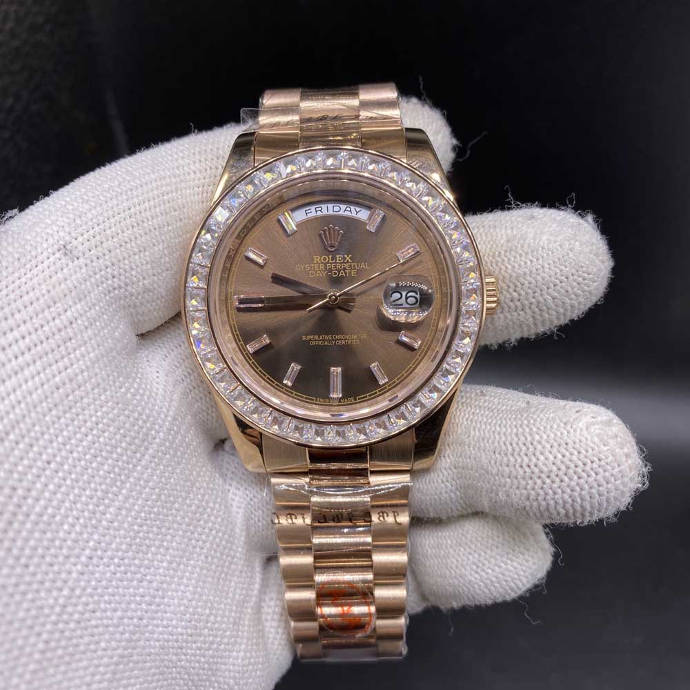 DayDate rose gold 41mm baguette diamonds bezel brown dial automatic AAA S033