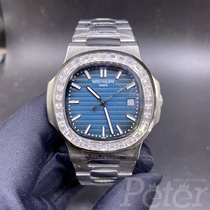 Patek AAA silver case 40mm blue dial baguette stones bezel automatic men watch XJ030