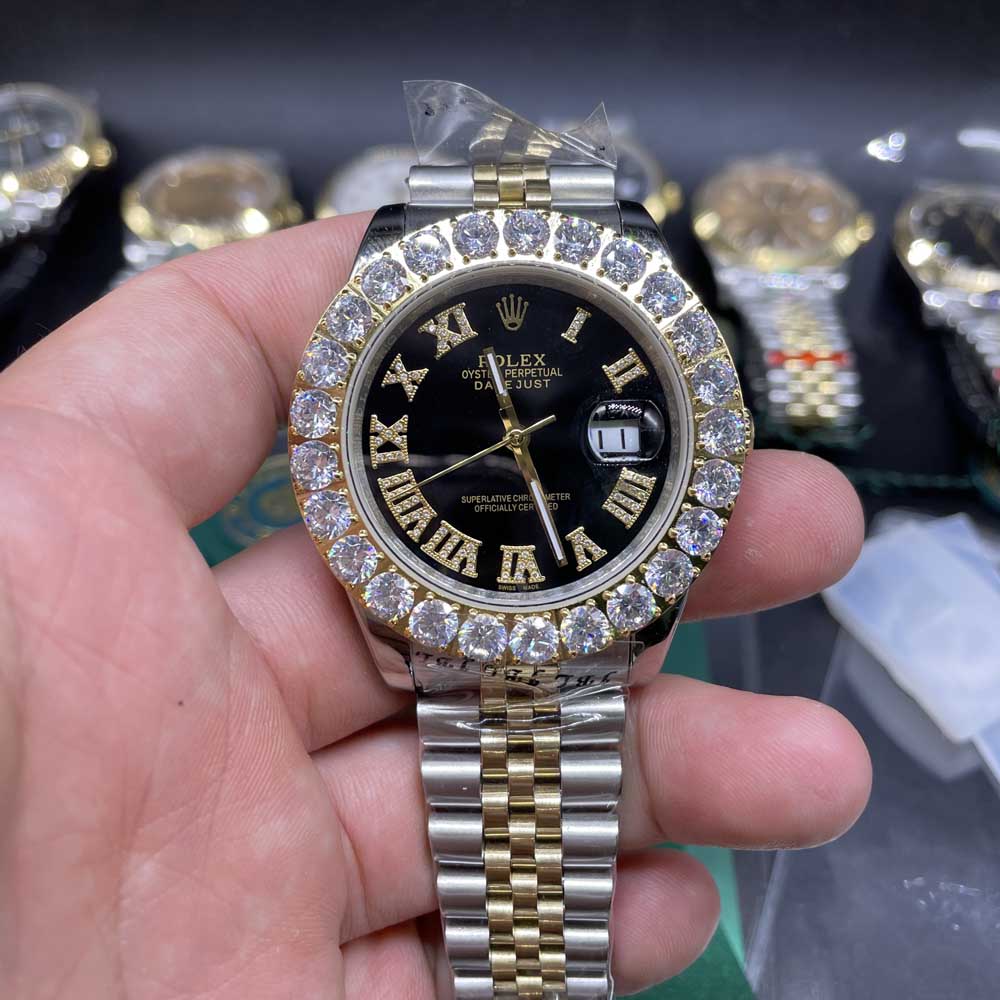 Datejust two tone gold case 43mm black dial prongset diamonds bezel S033