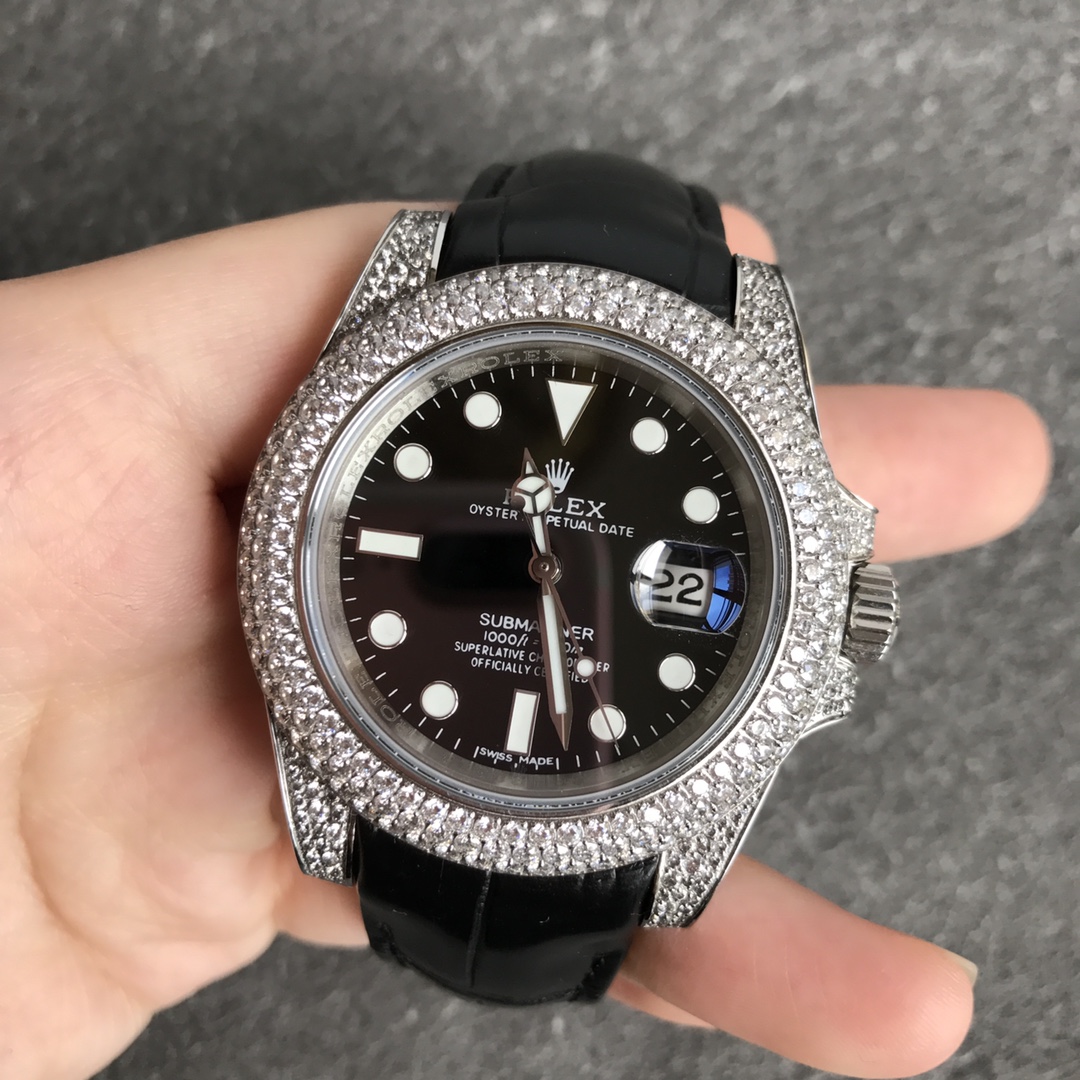 SUB V3 diamonds silver case 40mm black leather strap 2824 movement WT180