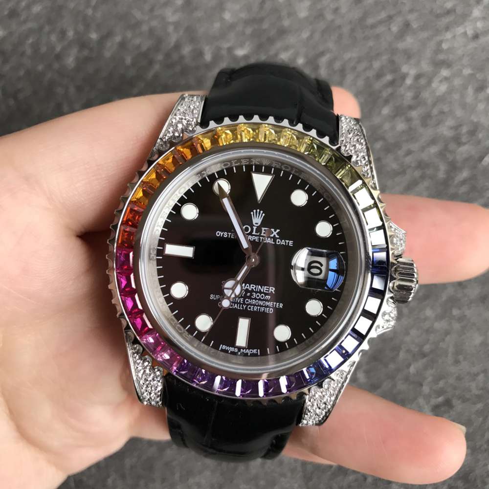 SUB rainbow bezel zircon diamonds 904L steel case black leather strap V3 2824 WT180