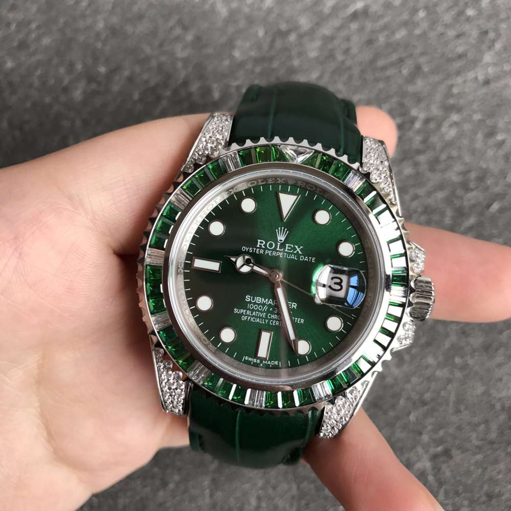 SUB diamonds green bezel 40mm green dial green leather strap ETA 2824 movement WT180