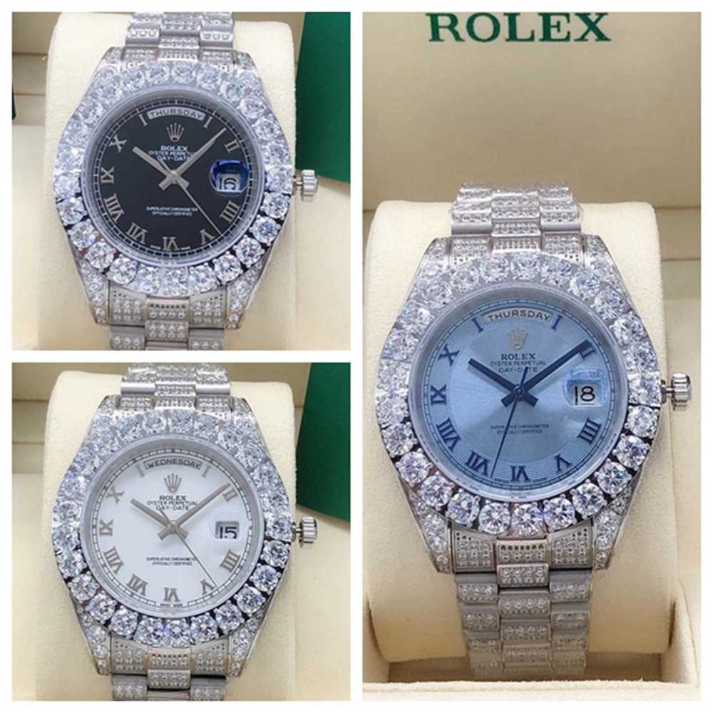 DayDate 43mm silver case black/blue/white dials prongset diamonds bezel AAA