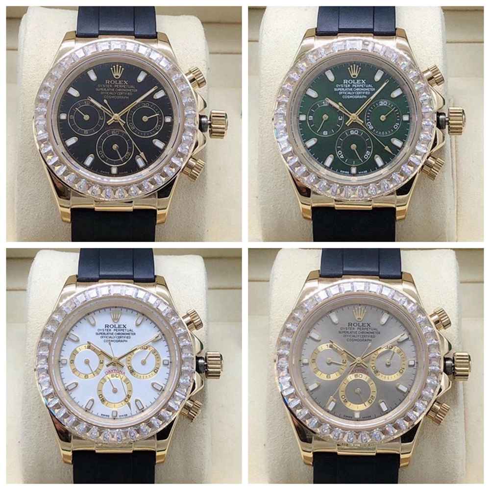 Daytona AAA gold case 40mm baguette stones bezel black/green/white/silver dials Sxxx