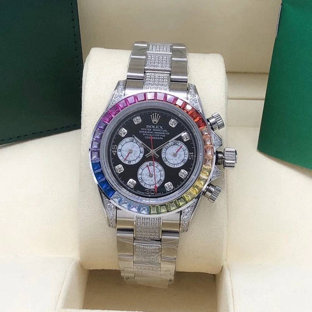 Daytona AAA rainbow silver case black dial 40mm diamonds strap S075