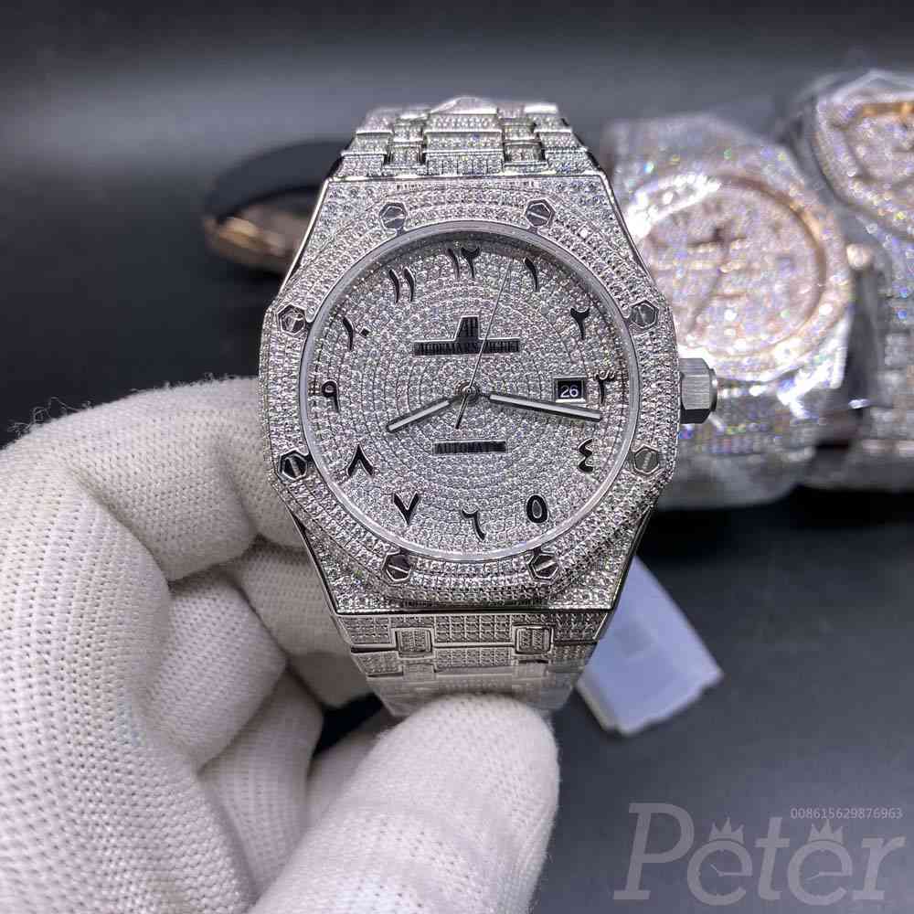 AP diamonds silver case 42mm black Arabic numbers shiny zircon stones AAA automatic M140