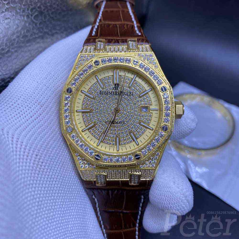 AP diamonds yellow gold case 41mm automatic men watch brown leather strap XJ075