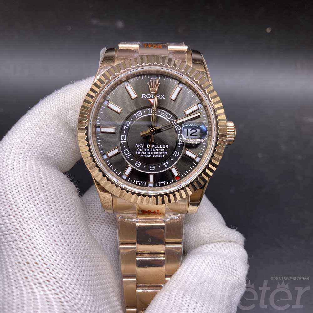 Sky-Dweller 42mm full works rose gold case brown dial Noob 9001 replica Rolex WT155